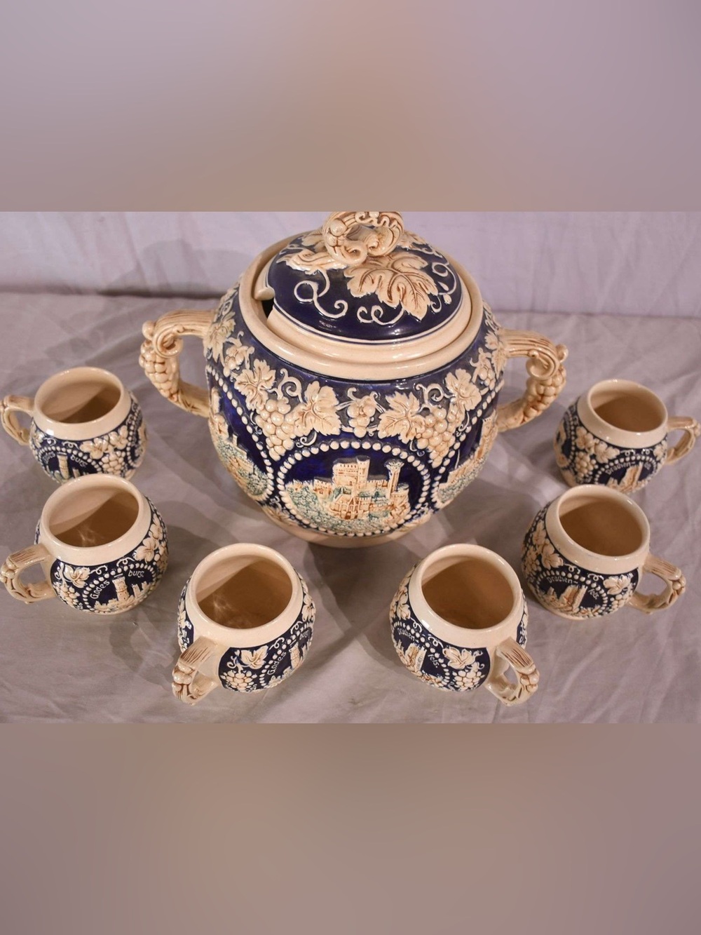 Vintage German Stoneware Punchbowl and Cups Complete Set